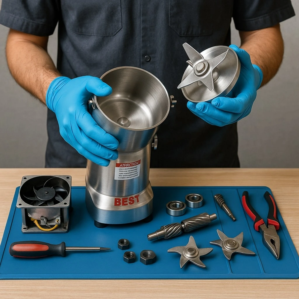 تکنسین در حال باز کردن آسیاب بست BEST و بررسی بلبرینگ و تیغه ها برای تعمیر است.